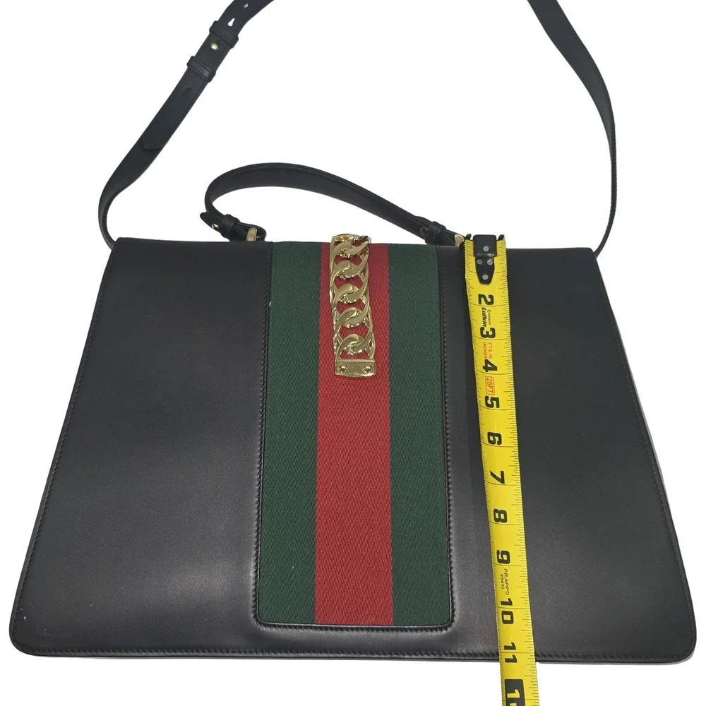 Gucci Sylvie 1969 leather handbag Maxi Size Black Striped Red Green Gold Chain